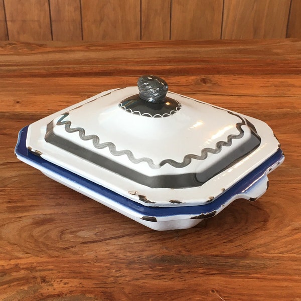 Vintage Klafrestrom Enameled Cast Iron Small Lidded Casserole Dish in Blue and Gray