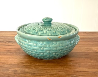 Vintage Weller Pierre Basketweave  Lidded Handled Bowl in Celadon Green