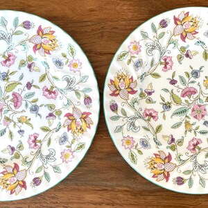 Set of 2 - Vintage Minton China Haddon Hall Floral Green Rim Dinner Plates