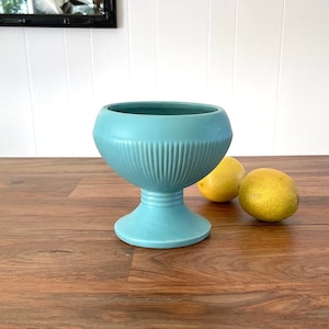 McCoy Pottery Classic Line Round Pedestal Bowl Vase Planter in Aqua Blue Matte