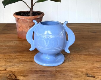 Vintage Studio Pottery Cornflower Blue Urn Small Vase Signed Harvesty in 1937