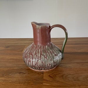 Vintage Brutalist Studio Pottery Rose and Green Glaze Pitcher