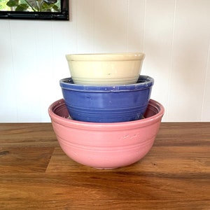 Set of 3 Vintage Sevilla Nesting Mixing Bowls in Pink, Blue, and Ivory