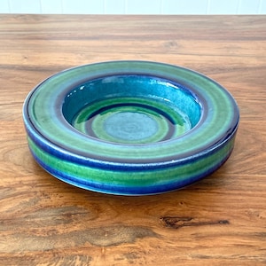 May include: A round, ceramic bowl with concentric rings of color. The bowl features shades of blue and green, with a dark blue rim and a lighter blue center. The bowl is placed on a wooden surface.