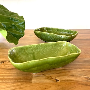 Set of 2 Vintage Covina Pottery Green Drip Glaze Rectangular Planters 914