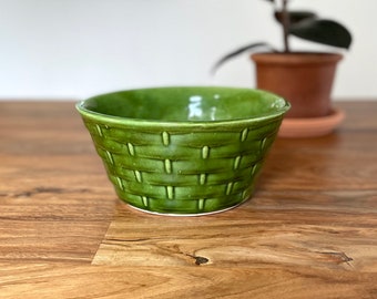 California Pottery Vintage Round Green Planter with Basket Pattern