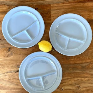May include: Three light blue divided plates with a lemon on a wooden surface. Each plate has three sections. The plates are round and have a simple, clean design. The lemon is yellow and adds a pop of color to the scene.