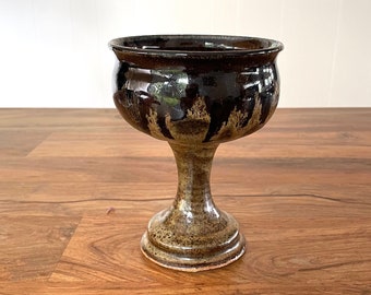 Vintage Studio Pottery Goblet in Brown Drip Glaze