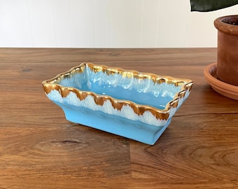 Vintage Hull Pottery Rectangular Turquoise Blue and Gold Drip Glaze Planter