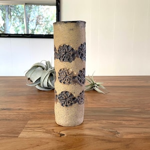 Vintage Studio Pottery Modernist Cylinder Vase with Stamped Flowers