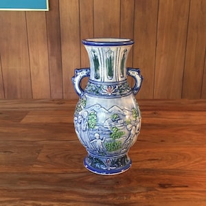 Vintage 50s Japanese Urn Vase with Village Scene in Relief