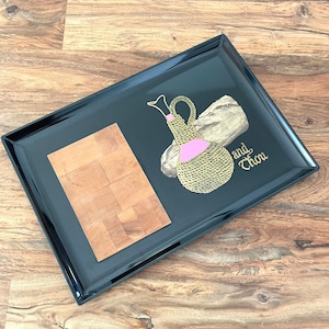 Couroc of Monterey California Tray with Wood Cheeseboard, Wine Carafe, Bread Loaf, And Thou
