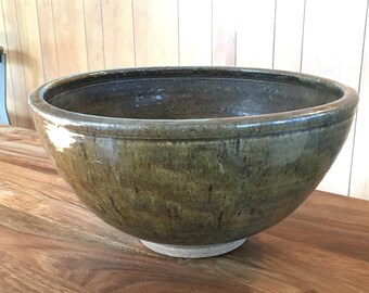 Large Signed Studio Pottery Bowl in Dark Green/Brown