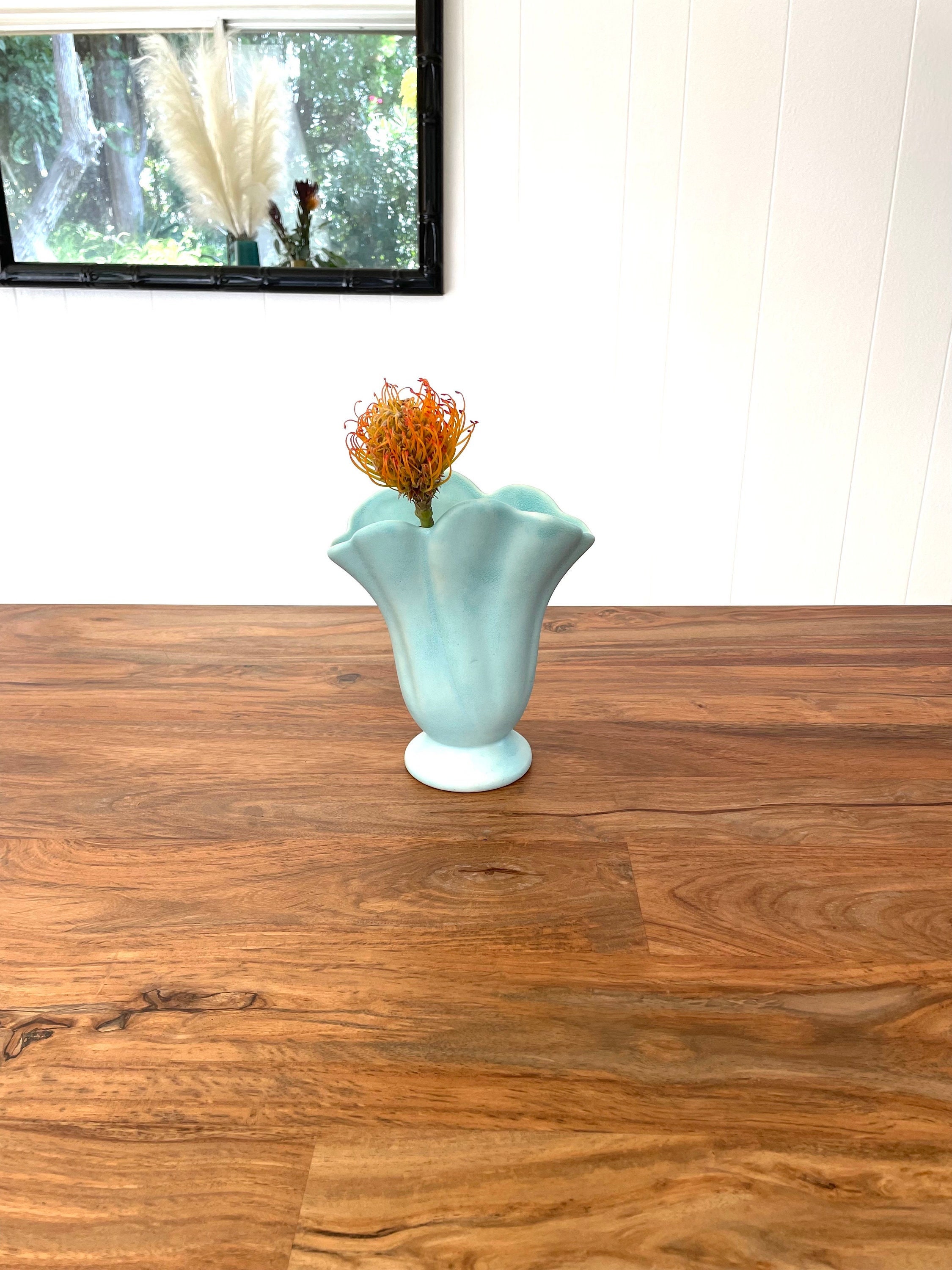 Vintage Monmouth Pottery Organic Flower Petal Vase in Aqua Matte Glaze with Paper Label