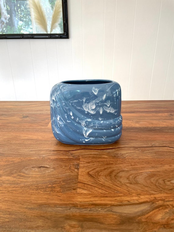 Vintage Haeger Blue Square Art Deco Revival Vase With White Etsy