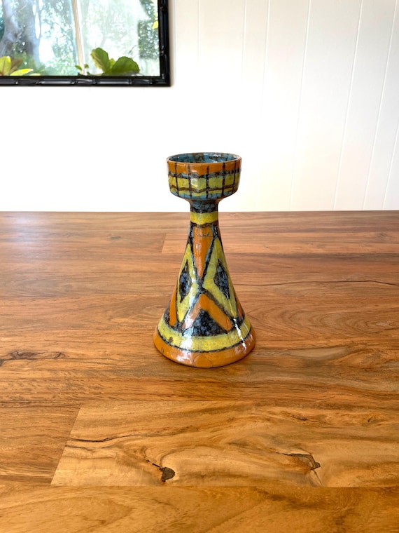 Vintage Italian Terra Cotta Abstract Triangle Candle Holder/Vase - Bitossi Style - Has Been Repaired