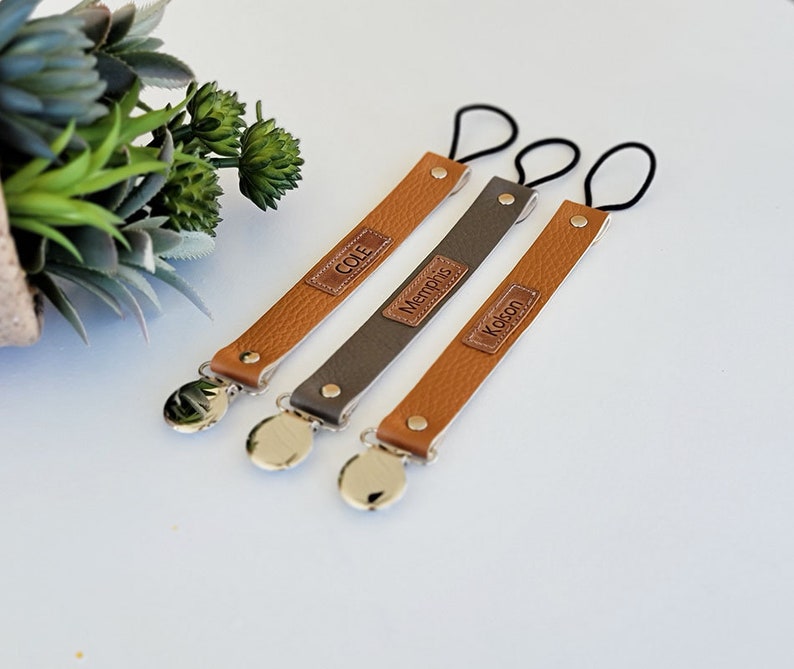 Personalized Leather pacifier clip Pacifier clip Leather pacifier clip Binky Clip Baby shower gift Sooner clip Paci Clip Baby Gift image 5
