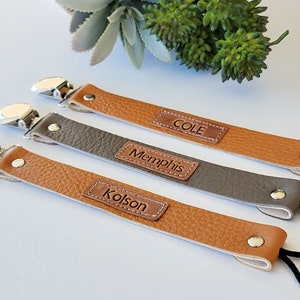 Personalized Leather pacifier clip Pacifier clip Leather pacifier clip Binky Clip Baby shower gift Sooner clip Paci Clip Baby Gift image 1