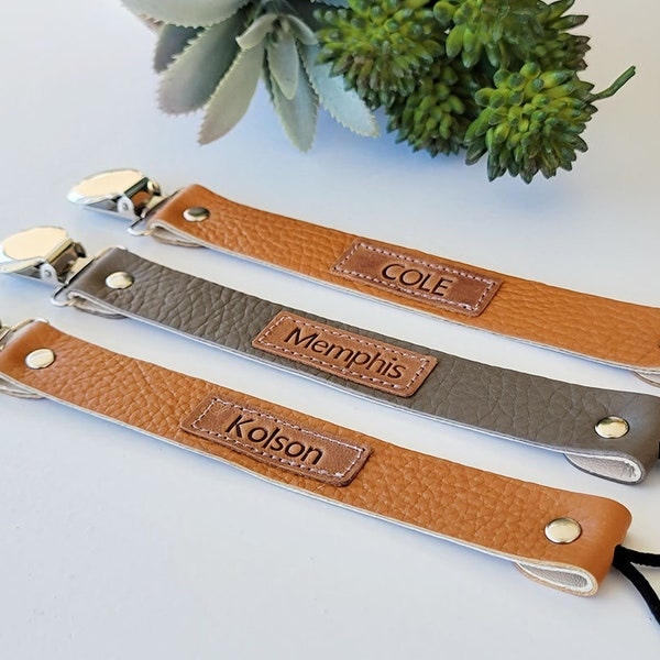 Personalized Italian Leather Pacifier Clip | Baby Shower Gift