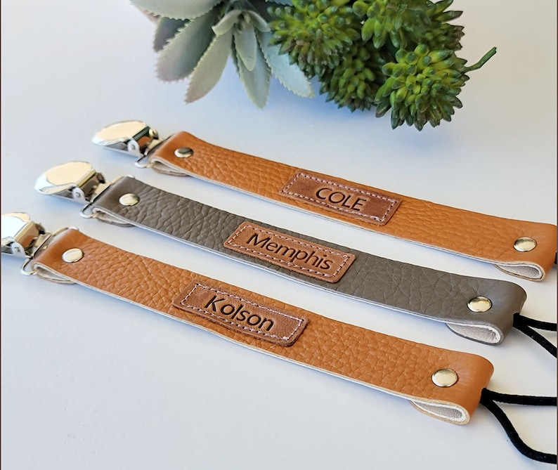 Personalized Leather pacifier clip Pacifier clip Leather pacifier clip Binky Clip Baby shower gift Sooner clip Paci Clip Baby Gift image 1