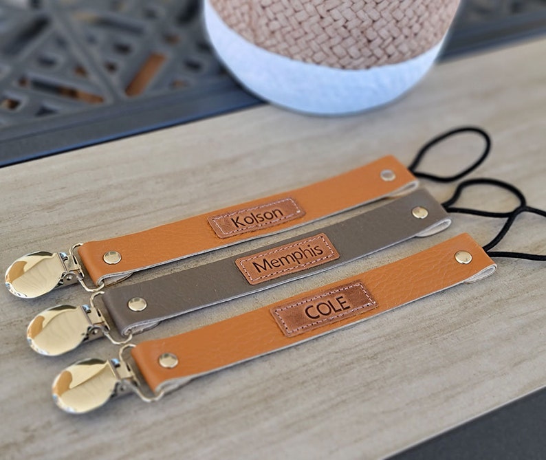 Personalized Leather pacifier clip Pacifier clip Leather pacifier clip Binky Clip Baby shower gift Sooner clip Paci Clip Baby Gift image 8