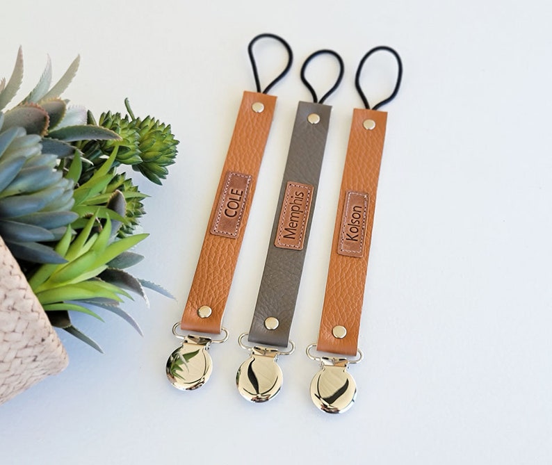 Personalized Leather pacifier clip Pacifier clip Leather pacifier clip Binky Clip Baby shower gift Sooner clip Paci Clip Baby Gift image 6