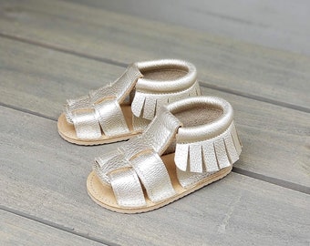 F M Sandal in Gold | Baby Sandals | Moccs Sandals | Sandals for babies | Handmade Sandals | Sandals for girls | Gold Sandals | Sandals