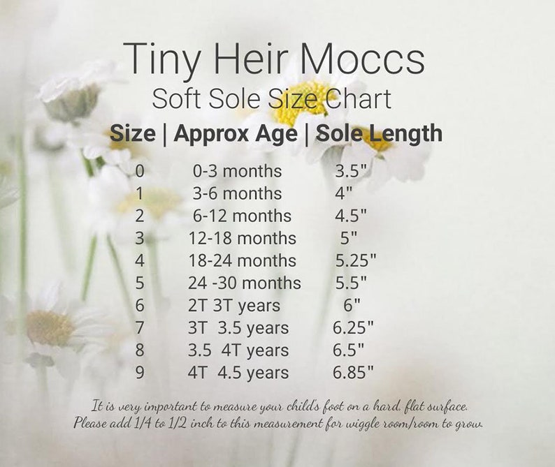 May include: A chart showing the size, approximate age, and sole length of soft-soled moccasins for babies and toddlers. The chart is printed on a white background with a blurry image of white flowers. The chart shows sizes 0 through 9, with corresponding ages and sole lengths in inches.