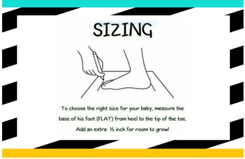 Puede incluir: Ilustraci&oacute;n que muestra c&oacute;mo medir el pie de un beb&eacute; para la talla de zapatos. La palabra "SIZING" est&aacute; en la parte superior. El texto indica que se mida el pie desde el tal&oacute;n hasta la punta del dedo y se a&ntilde;ada 1,27 cm para el crecimiento.