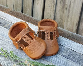 Pumpkin pie T-strap moccasin, Brown Moccasins, Brown Mary Janes, Baby Moccasins, Fall Moccasins, Handmade Baby Moccs, Girl Moccs.