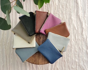 Monedero de piel auténtica / Cartera de piel metalizada / Cartera de piel metalizada dorada / Bolso pequeño de piel / Tarjetero / Cartera con cremallera
