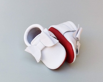 White Baby Shoes with Red Sole, Moccs , Baby Girl Moccasins, Baby Girl Shoes, Baby Moccs, Red soles moccs.