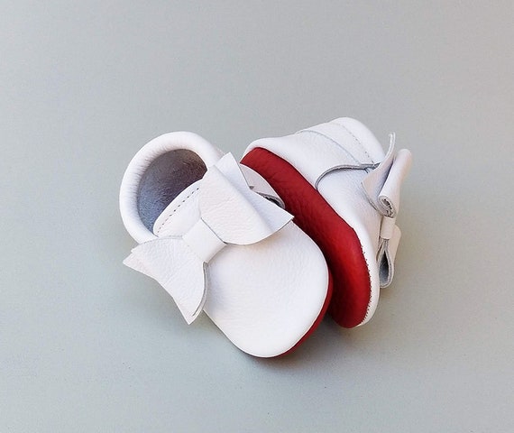 White Leather Baby Moccasins with Bow and Red Soles