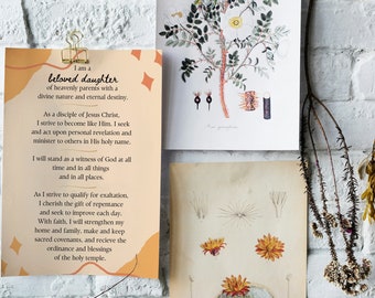 May include: A motivational quote about being a beloved daughter of heavenly parents, with a peach and orange background and a gold paperclip.