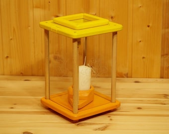 Wooden lantern, lantern, decorative lamp, yellow/orange, engraved