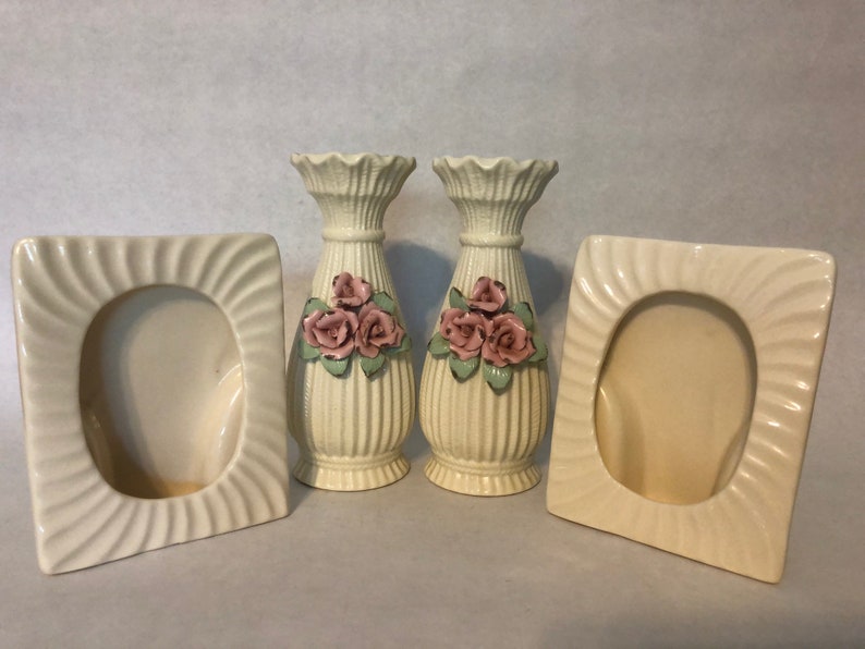 and Picture frames Ceramic Ivory colored; LOT of 4 Bud Vases
