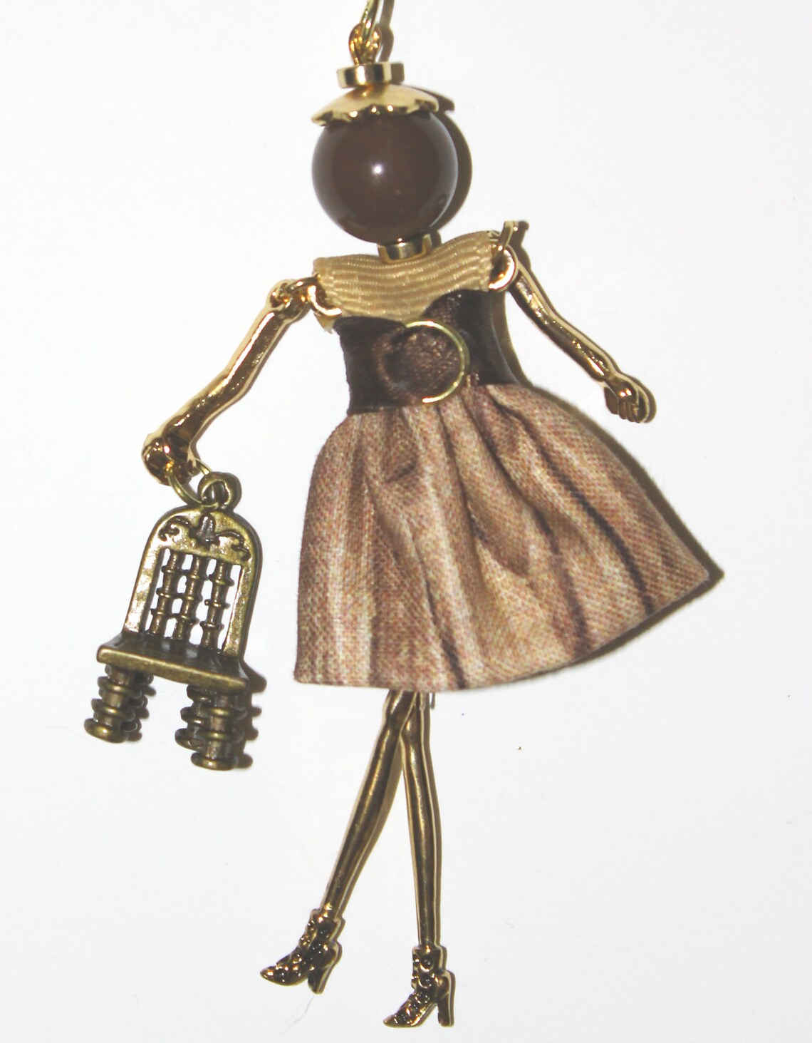 French Doll Pendant Necklace Wooden Chair Antique Store Garage Sale Old