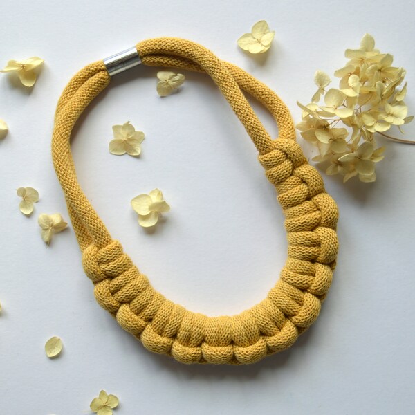 Yellow knotted cotton rope necklace made from lightweight soft recycled  cotton cord, statement textile necklace, eco friendly necklace