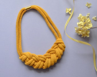 Chunky Choker Bib Necklace in Yellow, Bohemian Macrame Rope Statement Collar, Sustainable Handwoven Textile Jewelry, Recycled cotton rope