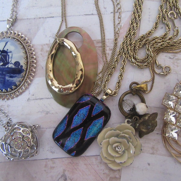 Choice of 6 x Vintage preloved necklaces. Gold tone chains foiled glass, diamontes, metal rose, shell. Silver tone locket and delft style..