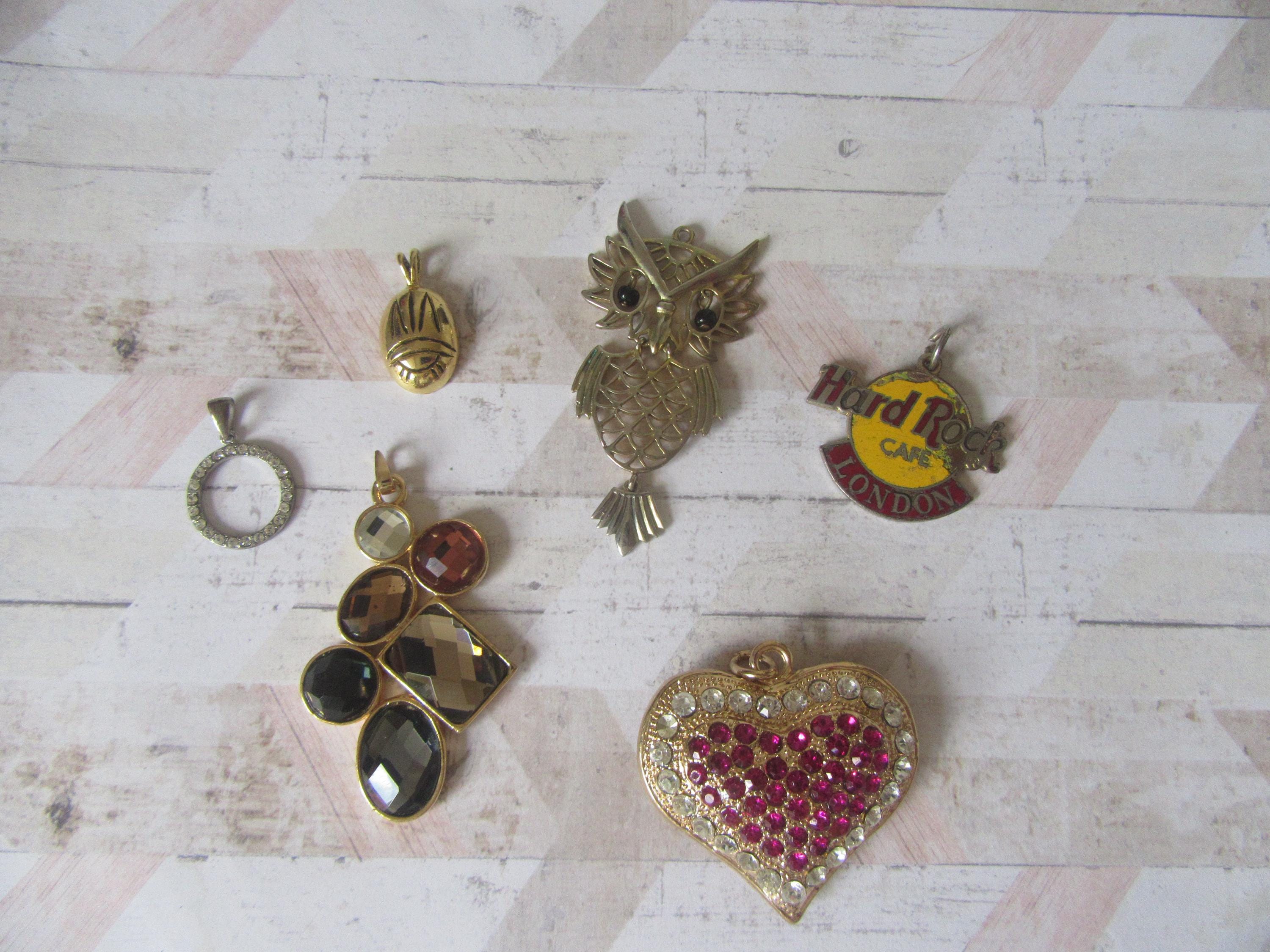 Pendants collection x 6. Owl. Hard Rock Cafe enamel. Heart with pink and white crystals. Glass shape