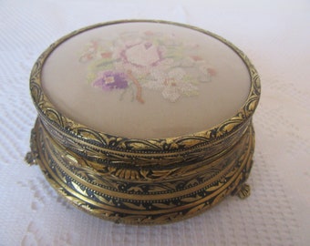 Vintage Jewellery box gold-tone metal with embroidered lid with cover. Petit point stitched trinket box.