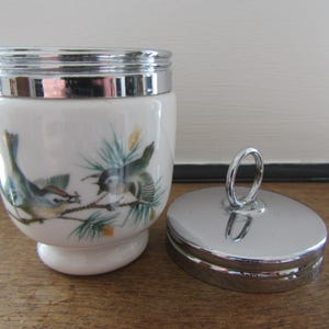 May include: A white ceramic jar with a chrome metal rim and a matching chrome lid featuring a circular handle. The jar is decorated with a colorful illustration of two small birds perched on pine branches with green needles and small yellow accents.