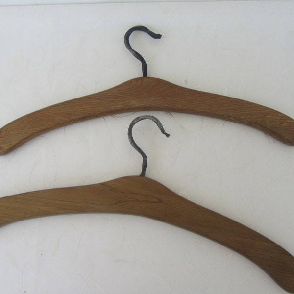 Vintage wooden oak coat hangers,twisted wrought iron hooks.set of 2.West German clothes hangers.
