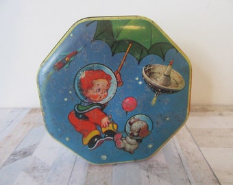 A.S Wilkin Ltd Toffees tin Space design. Made in England. Cremona & Red Boy toffees octagon shape collectible tin.