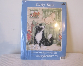 Cross stitch kit dog and pig. New still sealed. Curly Tails. DMC  14 count zweigart aida. DMC threads.