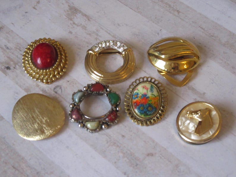 May include: A collection of seven vintage gold-tone brooches with various designs. The brooches feature a red stone, a floral pattern, a horse head, and a circle of colorful stones.