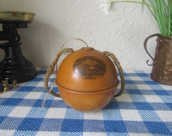 c1900s Mauchline ware "Northerwood Cottage Lyndhurst" string box. Antique Victorian Sycamore wood string box. Ball form collectible treen.