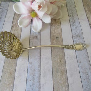 Peut inclure: Une cuillère de service argentée vintage avec un bol décoratif en forme de coquillage et un manche orné. La cuillère mesure environ 25 cm de long. La poignée présente des détails floraux et un motif ovale à l'extrémité. La cuillère est posée sur une surface en bois clair.