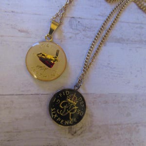 Enameled coin necklaces. 1941 Farthing George VI.  1950 Sixpence George VI. With gold-tone chains.